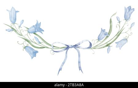 Couronne florale de fleurs de cloche. Cadre aquarelle dessiné à la main avec Bluebells sur fond isolé. Toile de fond circulaire botanique avec des groseilles sauvages dans des couleurs pastel pour les invitations de mariage. Banque D'Images