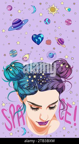 bannière verticale d'une belle fille avec des planètes au-dessus de sa tête sur un fond d'espace. Peut être imprimé sur T-shirts, sacs, affiches, invitations, carte Illustration de Vecteur