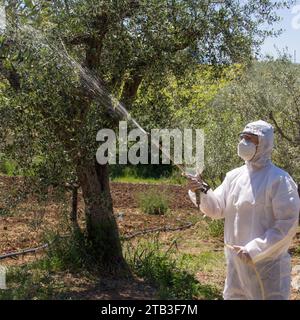 Image d'un agriculteur portant une combinaison de protection tout en utilisant une pompe pour pulvériser des pesticides sur certaines plantes. Utilisation de produits chimiques en agriculture Banque D'Images