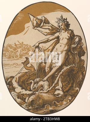 Téthys couché dans un char géant tiré par deux créatures marines 1918 par Hendrick Goltzius Banque D'Images