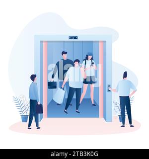 Ascenseur avec portes ouvertes, groupe de personnes dans l'ascenseur et autour. Couloir dans le centre commercial ou le centre d'affaires. Divers gens d'affaires et personnages Illustration de Vecteur