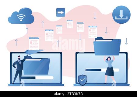 Transfert de fichiers. Bel homme d'affaires envoyer et la femme reçoit des documents. Concept de technologie de clouds. Échange de fichiers. Ordinateur portable avec dossiers. Télécharger et d Illustration de Vecteur