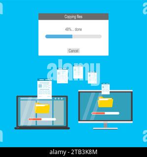 Échange de fichiers. Ordinateur pc moderne et ordinateur portable. Copie de fichiers entre périphériques. Chargez et téléchargez des dossiers et des documents. Illustration vectorielle plate Illustration de Vecteur