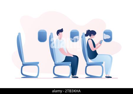 Jeune homme et femme assis dans l'avion. Modèle de page Web passagers en cabine d'avion. Contexte conceptuel du service de transport aérien. Voyageurs cha Illustration de Vecteur