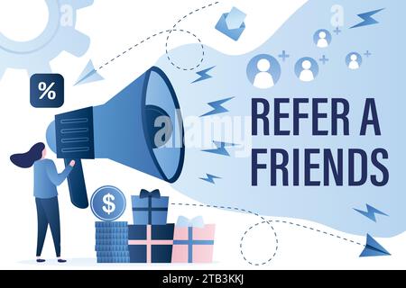 Concept du programme de recommandation. Campagne d'attraction ou de promotion des clients. Marketing et publicité des influenceurs et de Target. Femme d'affaires tenant un haut-parleur Illustration de Vecteur