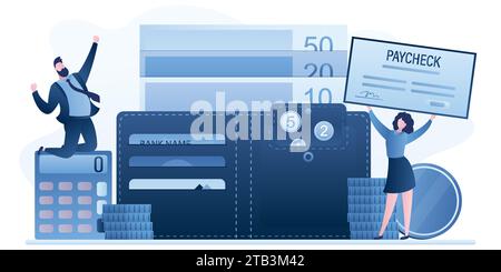 Gens d'affaires ou employés et grand portefeuille avec de l'argent. Paycheck ou concept de paiement en ligne. Cartes de crédit, pièces de monnaie et billets de banque dans un portefeuille de poche ouvert Illustration de Vecteur