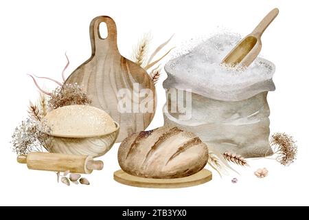 Pain maison et un sac de farine sur un fond isolé. Illustration à l'aquarelle de produits de boulangerie et ustensiles de cuisine, dessinés à la main. Banque D'Images