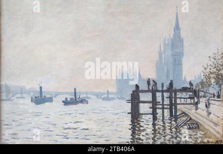 Londres, Royaume-Uni - 19 mai 2023 : la Tamise au-dessous de Westminster par l'impressionniste français Claude Monet, exposé à la National Gallery de Londres Banque D'Images