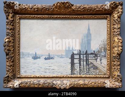 Londres, Royaume-Uni - 19 mai 2023 : la Tamise au-dessous de Westminster par l'impressionniste français Claude Monet, exposé à la National Gallery de Londres Banque D'Images