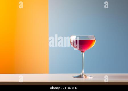 cocktail rouge dans un verre contre un mur sur un fond bleu et jaune sur une table blanche brillante Banque D'Images