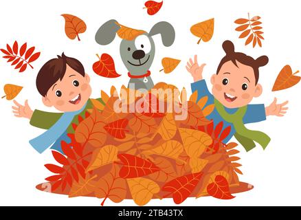 Jeu d'enfants d'automne. Enfants jouant dans le tas de feuilles d'orange. Heureux garçon et fille avec chien. Petites personnes jetant du feuillage automnal. Parc marchant. Joyeux Illustration de Vecteur