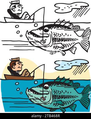 Un dessin animé rétro vintage d'un homme dans un bateau sur le point d'attraper un énorme poisson avec sa canne à pêche. Illustration de Vecteur