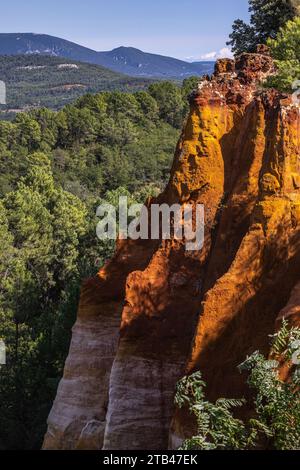Vue sur les falaises ocres et les forêts de pins dans le village de Roussillon, Luberon, France Banque D'Images