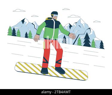 Planche à neige descente de ligne de dessin animé de sports d'hiver illustration plate Illustration de Vecteur
