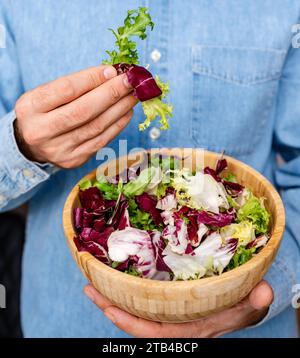 Alimentation et alimentation saines. Salade verte dans la main masculine. Banque D'Images