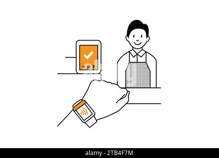 La personne utilise Smart Watch pour acheter des marchandises en utilisant le paiement sans contact, le paiement sans espèces Illustration de Vecteur