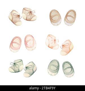 Baby Shoes Clip Art. Newborn Card Decor Elements. Baby Shower Booties Clipart Gender Neutral. Watercolor Baby Birth Announcement Illustration Banque D'Images
