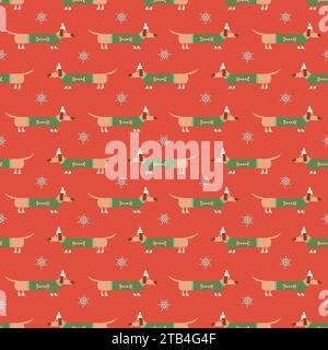 Motif sans couture de Noël avec teckel long mignon et drôle portant un pull de noël, un chapeau et des chaussures et des flocons de neige, avec couleur de fond modifiable Illustration de Vecteur