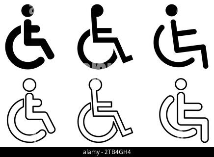 Icône simple handicapé, pictogramme de personne en fauteuil roulant. Trois versions remplies et de contour Illustration de Vecteur