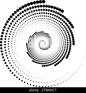Elément de lignes spiralées pointillées. Forme de demi-teintes à rotation radiale. Forme de points tourbillonnaires circulaires. Fond géométrique abstrait pour affiche, bannière, logo, icône, collage, tatouage, présentation. Signe vectoriel Illustration de Vecteur