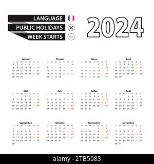 Calendrier 2024 en langue française, la semaine commence le lundi. Calendrier vectoriel 2024 année. Illustration de Vecteur