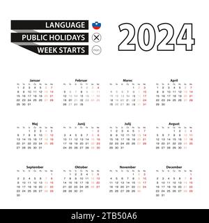 Calendrier 2024 en slovène, la semaine commence le lundi. Calendrier vectoriel 2024 année. Illustration de Vecteur