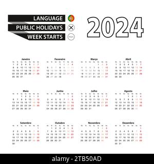 Calendrier 2024 en portugais, la semaine commence le lundi. Calendrier vectoriel 2024 année. Illustration de Vecteur