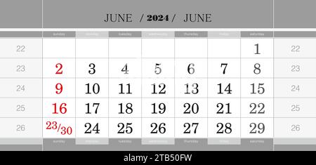 Bloc calendrier trimestriel de juin 2024. Calendrier mural en anglais, la semaine commence à partir du dimanche. Illustration vectorielle. Illustration de Vecteur