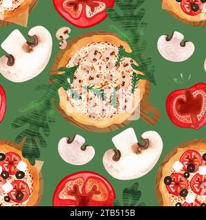 Modèle de pizza sans couture avec champignons, tomates, olives et roquette. Illustration aquarelle pour les menus, recettes, textiles de cuisine, conception de cafés, re Banque D'Images