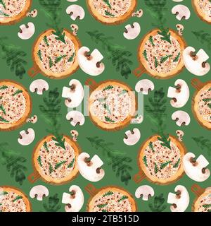 Modèle de pizza sans couture avec champignons et roquette. Illustration à l'aquarelle pour les menus, recettes, textiles de cuisine, conception de cafés, restaurants et pizzas Banque D'Images