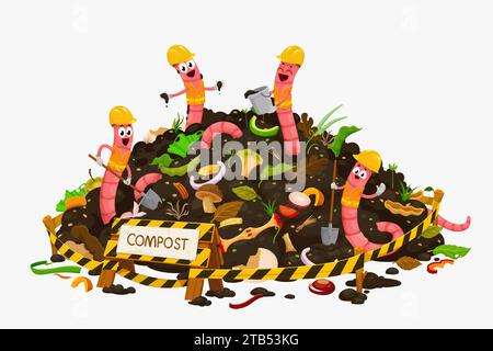 Personnages de constructeurs de ver de terre de dessin animé dans le compost. Engrais naturel, écologie des sols agricoles et de jardin, concept de vecteur de compost d'agriculture avec des vers de terre heureux personnages dans la pile de restes Illustration de Vecteur