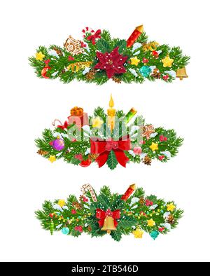 Branches de sapin de Noël, vecteur isolé aiguilles de pin à feuilles persistantes disposées en pile décorées avec des bougies de Noël, boules, rubans, poinsettia, neige, bonbons et cadeaux. Branches festives décoratives Illustration de Vecteur