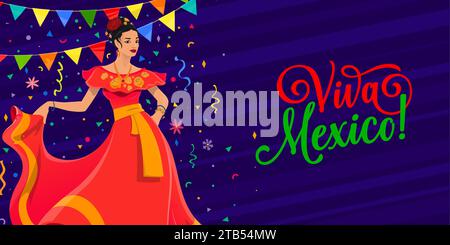 Bannière Viva Mexico avec femme dansante et confettis de vacances. Carte de voeux vectorielle pour la célébration de la fiesta avec danse flamenco animée, honorant la culture mexicaine avec des rythmes joyeux et l'esprit d'unité Illustration de Vecteur