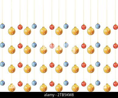 Une chaîne d'ornements de Noël colorés en rouge, argent, bleu et or est accrochée sur un fond flou de lumières bokeh vertes et jaunes. Illustration de Vecteur