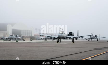 Les avions a-10C Thunderbolt II affectés au 357th Fighter Squadron sont montrés sur la ligne de vol à la base aérienne MacDill, Floride, le 4 décembre 2023. Le 357th FS A-10 est arrivé à MacDill AFB pour l’exercice Coastal Dragon, un entraînement de soutien aérien rapproché couvrant le sud de la Floride jusqu’au golfe du Mexique. (Photo de l'US Air Force par Airman 1st Class Zachary Foster) Banque D'Images