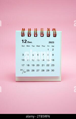 Bye, bye 2023. Décembre 2023 Calendrier mensuel de bureau pour 2023 année sur fond rose. Banque D'Images