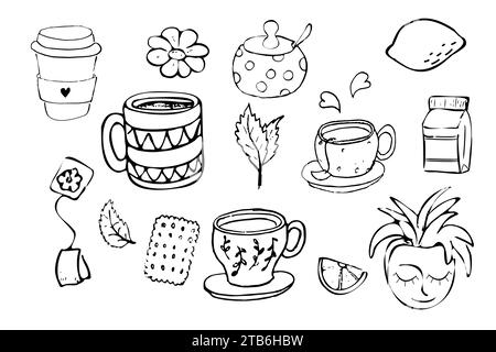 Set thé et café avec tasses, menthe, camomille, citron et lait dans le style doodle isolé sur fond blanc. Illustration vectorielle Illustration de Vecteur