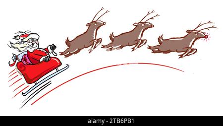 Illustration de dessin animé de trois rennes traînant le Père Noël à travers les cieux. Le Père Noël a l'air inquiet car les rennes vont trop vite. Banque D'Images