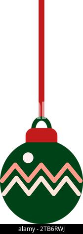 Jouet d'arbre de Noël boule de verre vert accroché sur le ruban rouge festif. Rouge Vert élément de conception plat. Icône des fêtes pop-art. Elément d'événement de Noël. Simpl Illustration de Vecteur