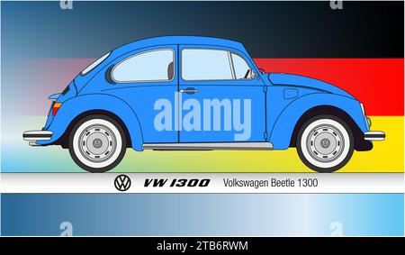 Allemagne, année 1972, Volkswagen Beetle VW1303, silhouette voiture classique vintage, illustration colorée sur le drapeau allemand en arrière-plan Banque D'Images