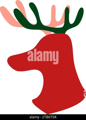 Tête de cerf avec de gros bois. Rouge Vert élément de conception plat. Pop art tête de cerf profil icône de vacances. Elément d'événement de Noël. L'icône vectorielle plate simple est Illustration de Vecteur