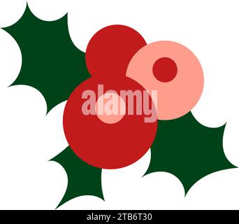Holly Berry avec des feuilles barbelées. Rouge Vert élément de conception plat. Pop art Holly Berry icône des fêtes. Elément d'événement de Noël. Icône vectorielle plate simple isol Illustration de Vecteur