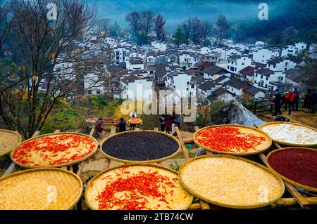 Shangrao, Chine. 05 décembre 2023. Les bâtiments de style hui avec des murs blancs et des tuiles sombres émergent du brouillard, entourés d'arbres colorés au Shicheng Scenic Spot dans le comté de Wuyuan, Shangrao, Chine, le 3 décembre 2023. (Photo Costfoto/NurPhoto) crédit : NurPhoto SRL/Alamy Live News Banque D'Images