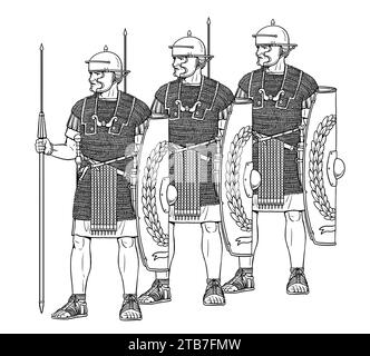 Cohorte romaine. Légionnaires avant la bataille. Dessin historique. Banque D'Images
