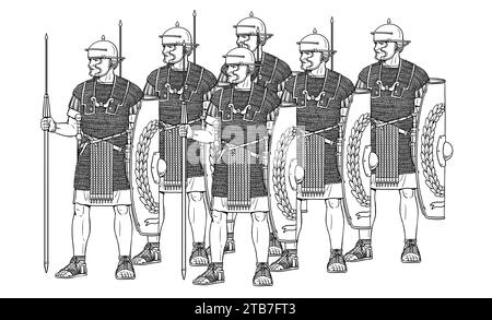 Cohorte romaine. Légionnaires avant la bataille. Dessin historique. Banque D'Images