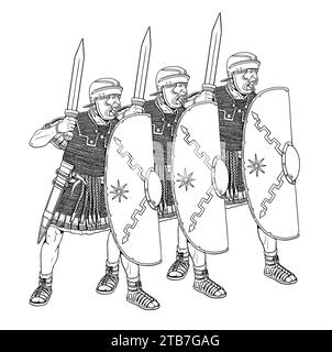 Attaque des légionnaires romains. Bataille ancienne. Dessin historique. Banque D'Images