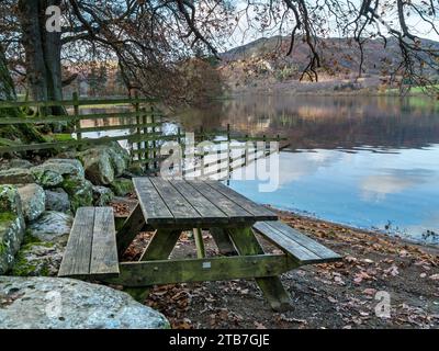 Table de pique-nique rivale sur la plage sur le lac Ullswater dans le English Lake District vu de Sandwick en automne, Cumbria, Angleterre, Royaume-Uni Banque D'Images