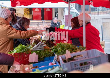 Annonay (sud-est de la France) : ambiance un jour de marché hivernal. Paiement et monnaie donnés à un étal de fruits et légumes Banque D'Images