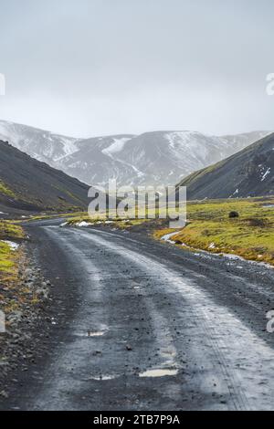 Une route de gravier évocatrice serpente à travers le paysage austère et magnifique des hautes terres islandaises, avec des montagnes enneigées en arrière-plan Banque D'Images