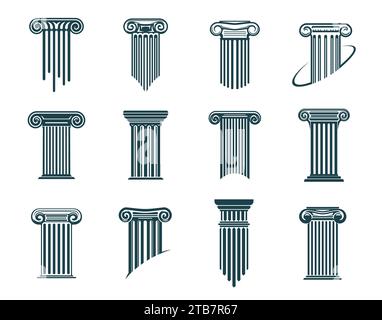 Icônes de colonnes et de piliers grecs anciens, avocat et cabinet d'avocats, symboles vectoriels. Signes de pilier de colonne pour avocat notaire, tribunal de justice et cabinet de législation ou notarial et formation judiciaire Illustration de Vecteur